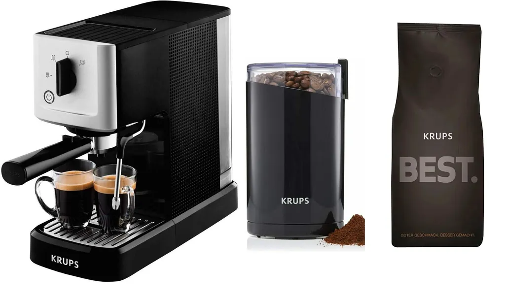 Krups Espressomaschine Calvi Steam&Pump XP344010 + Kaffeemühle + 1kg Best Crema Kaffeebohnen